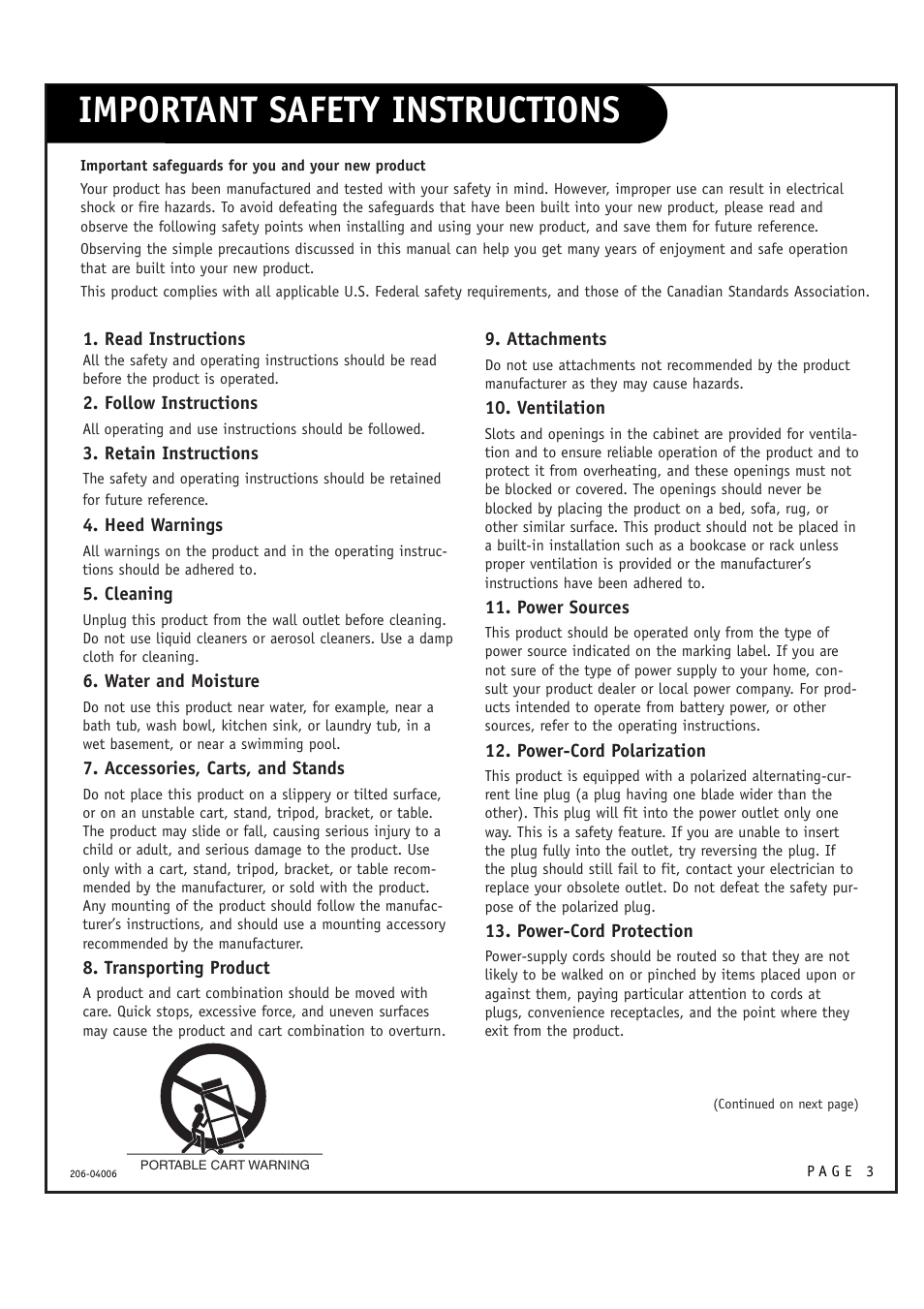 Important safety instructions | Zenith M52W56LCD User Manual | Page 3 / 60