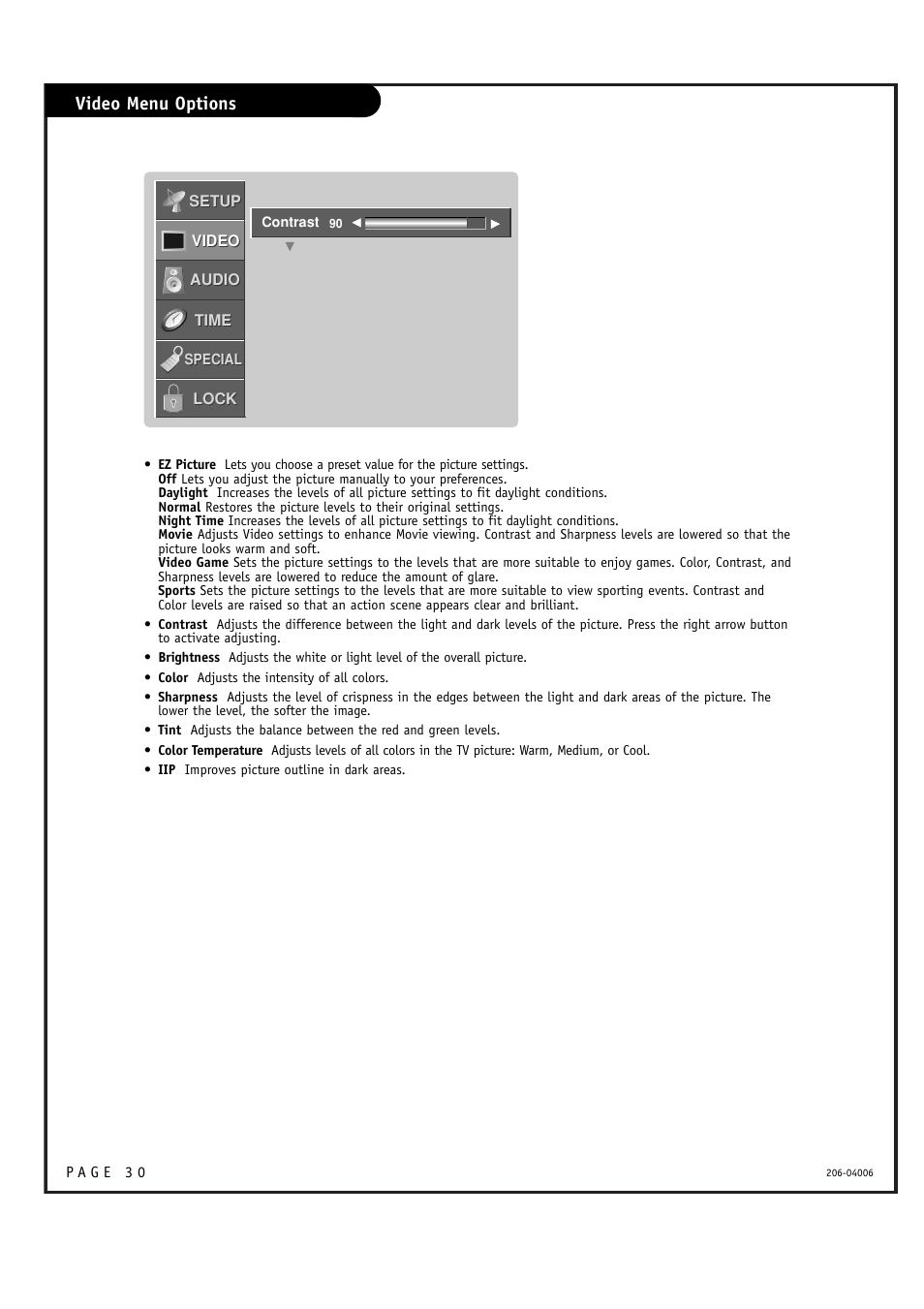 Video menu options | Zenith M52W56LCD User Manual | Page 30 / 60