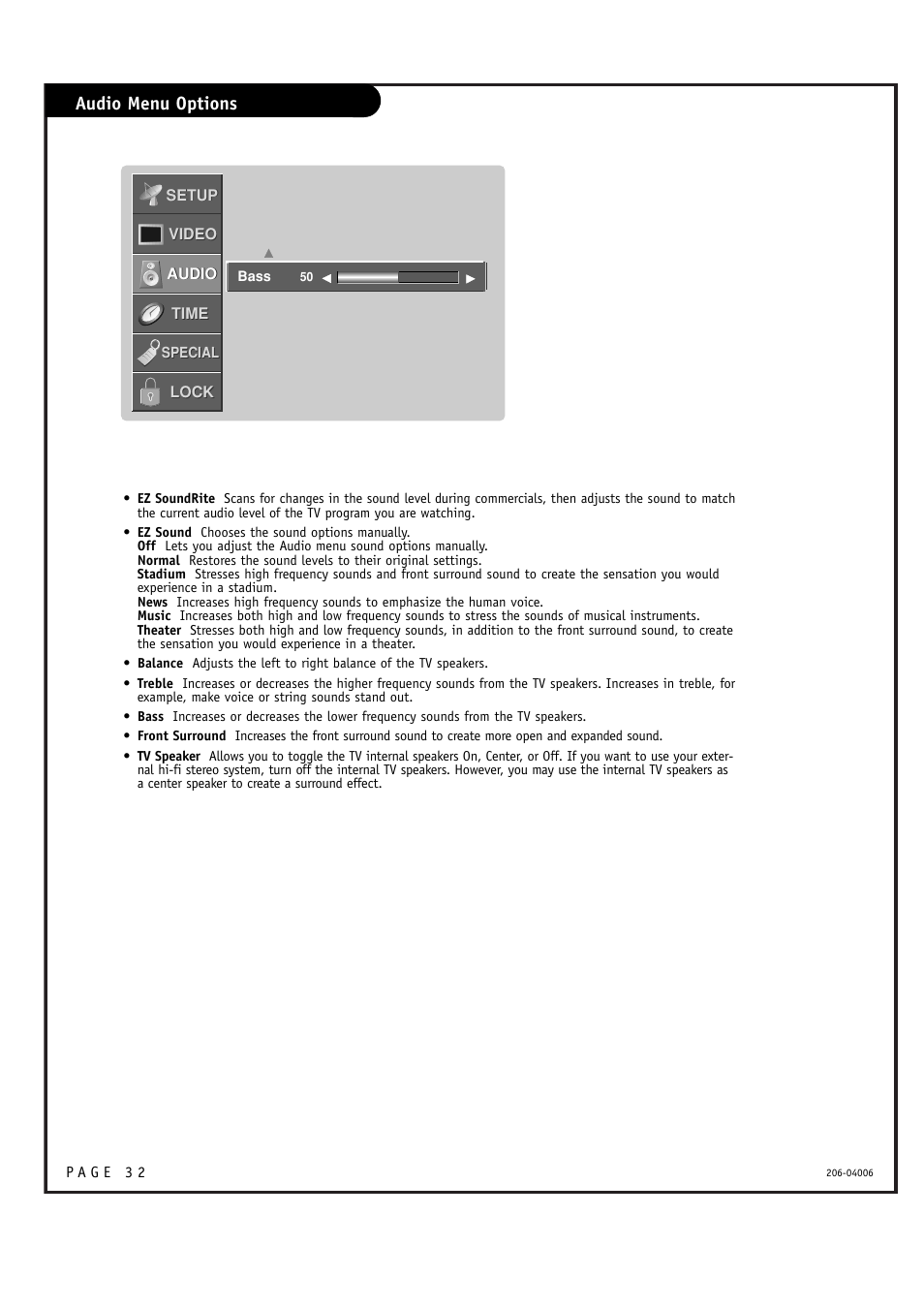 Audio menu options | Zenith M52W56LCD User Manual | Page 32 / 60