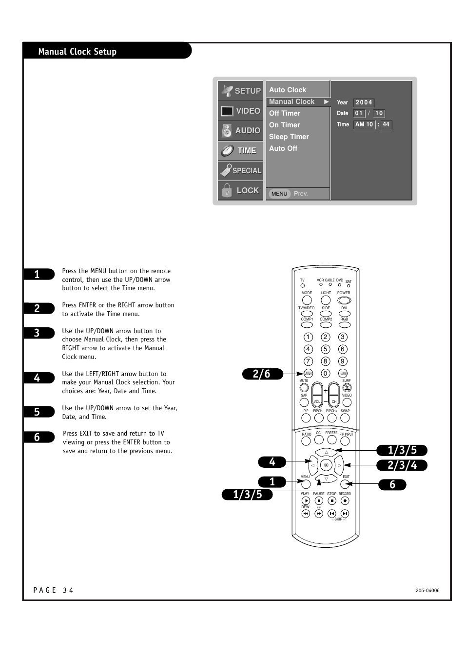 Manual clock setup | Zenith M52W56LCD User Manual | Page 34 / 60