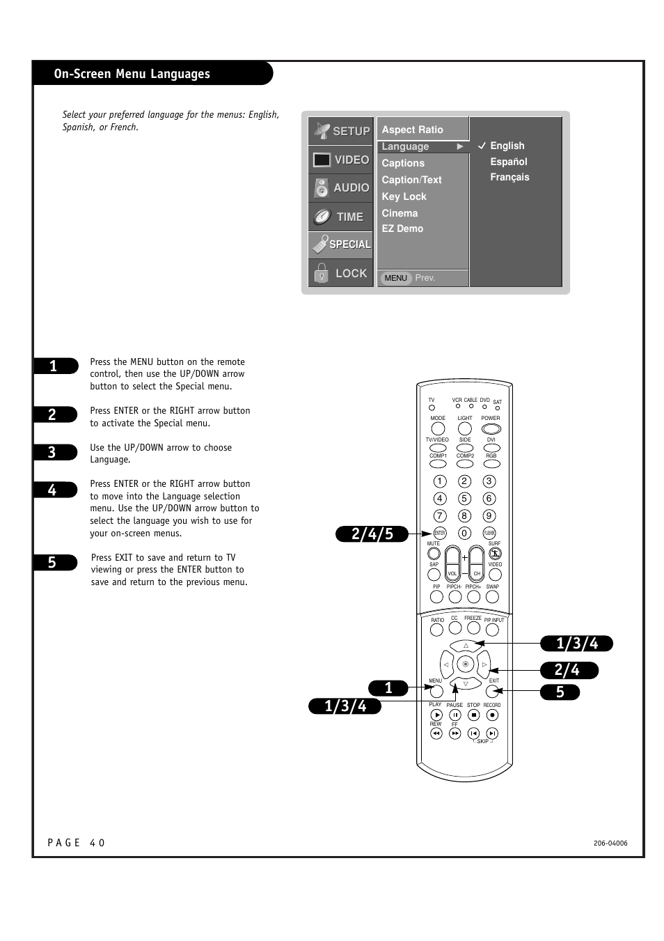 On-screen menu languages | Zenith M52W56LCD User Manual | Page 40 / 60