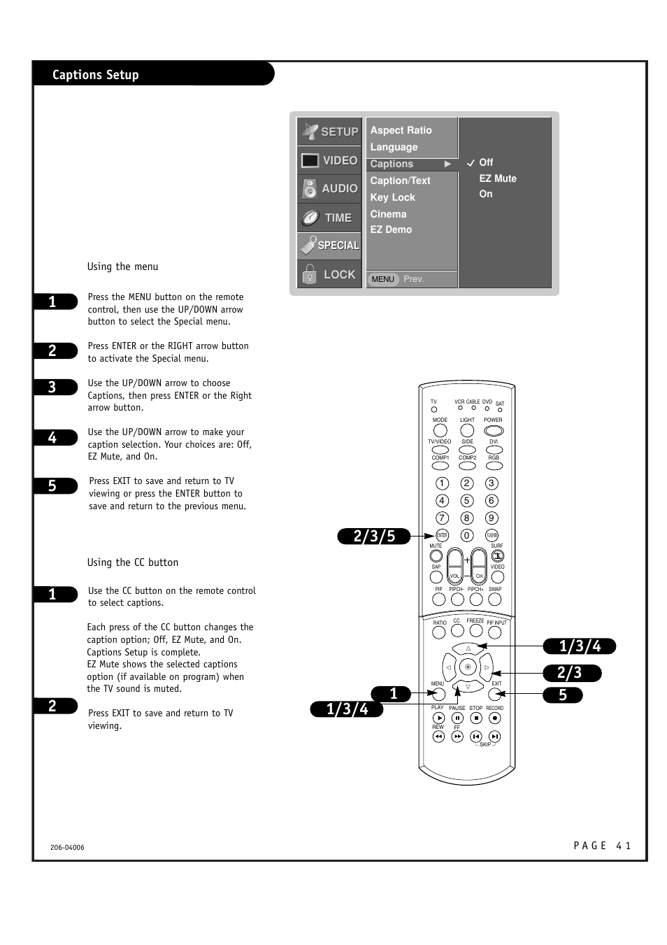 Captions setup | Zenith M52W56LCD User Manual | Page 41 / 60