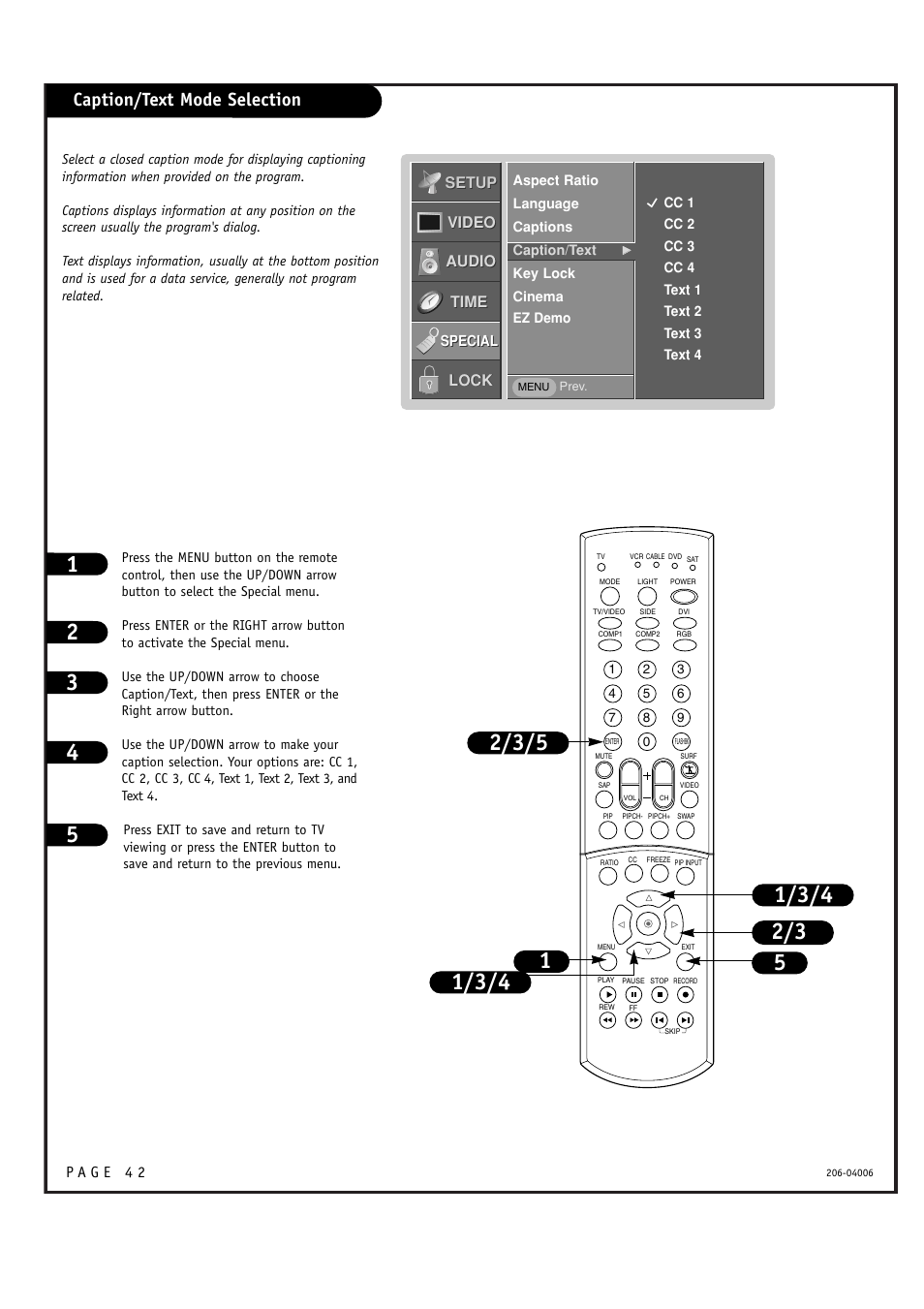 Caption/text mode selection | Zenith M52W56LCD User Manual | Page 42 / 60