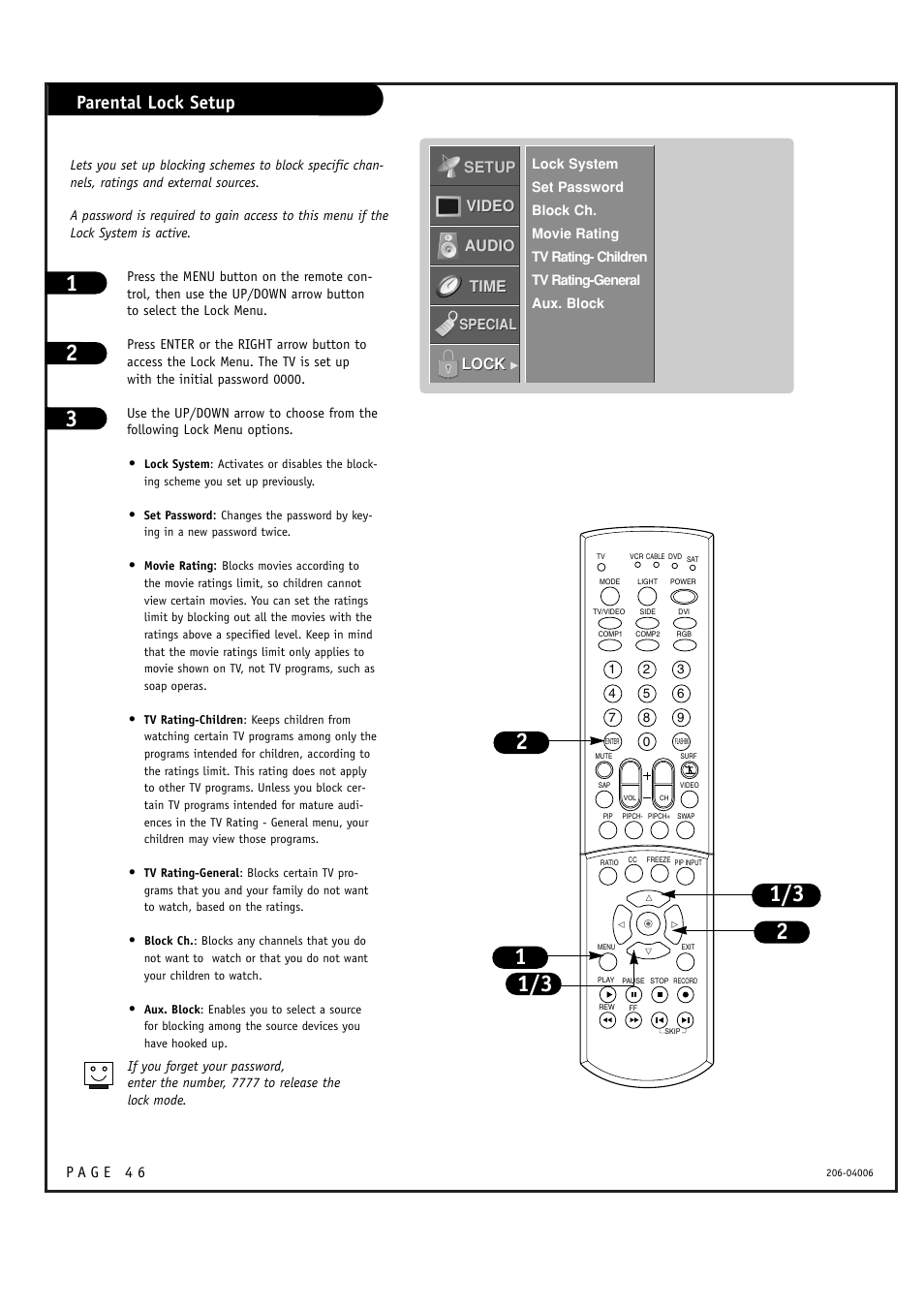 Parental lock setup, Setup, Setup video video audio audio time time lock lock | Zenith M52W56LCD User Manual | Page 46 / 60