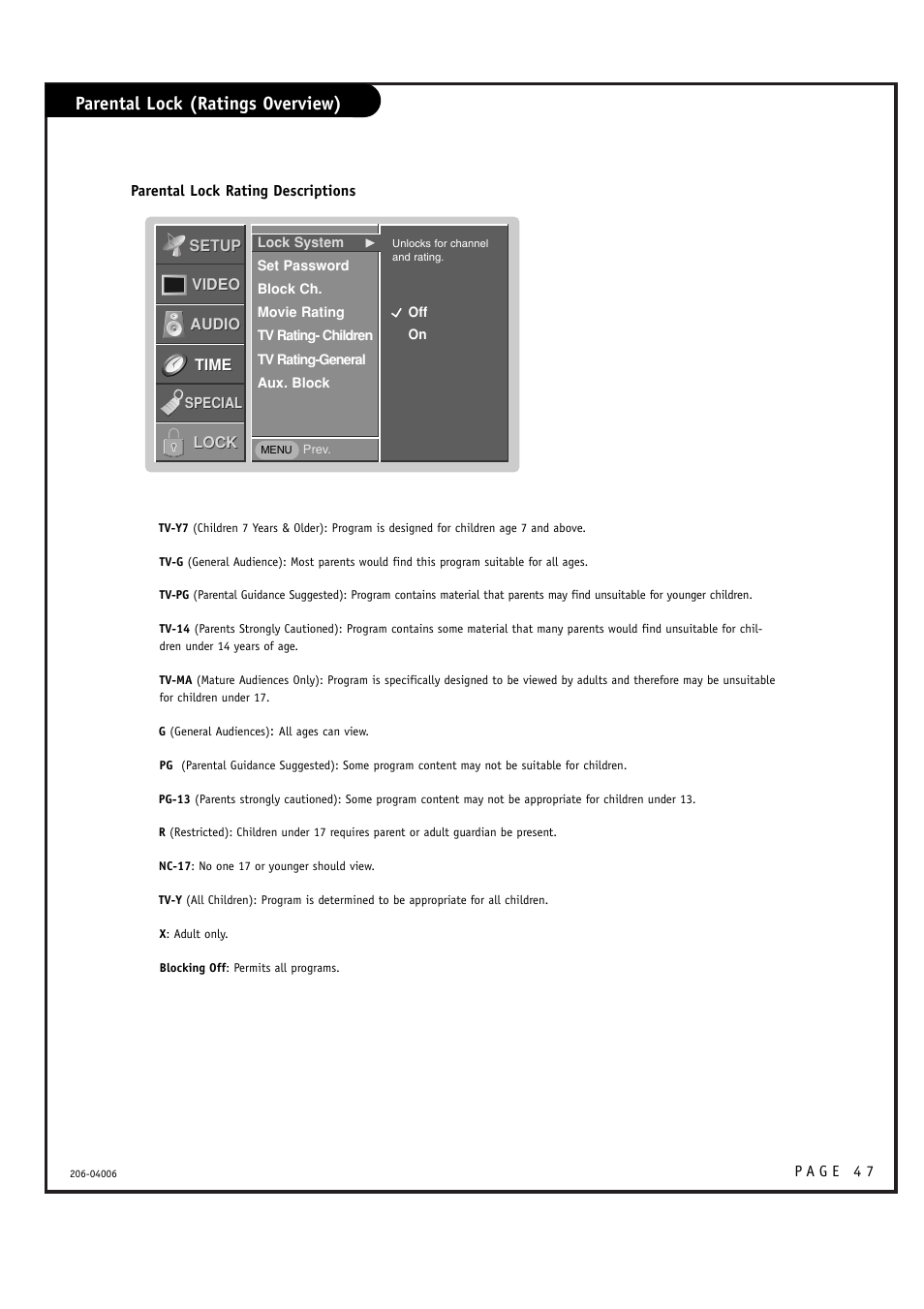 Parental lock (ratings overview) | Zenith M52W56LCD User Manual | Page 47 / 60