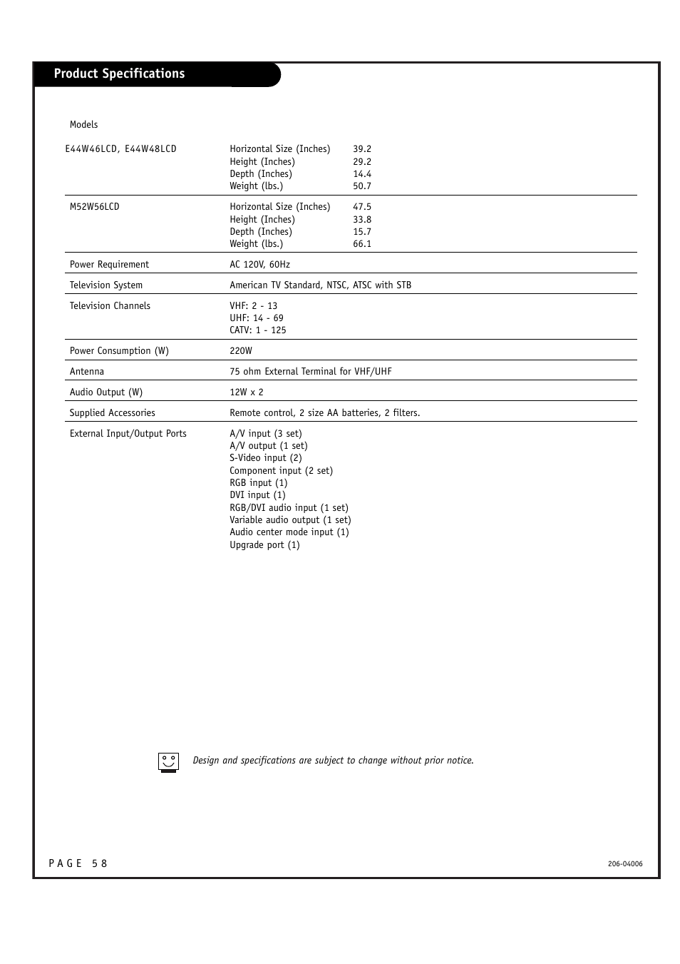 Product specifications | Zenith M52W56LCD User Manual | Page 58 / 60