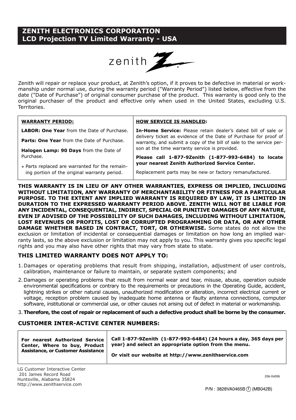Zenith M52W56LCD User Manual | Page 60 / 60