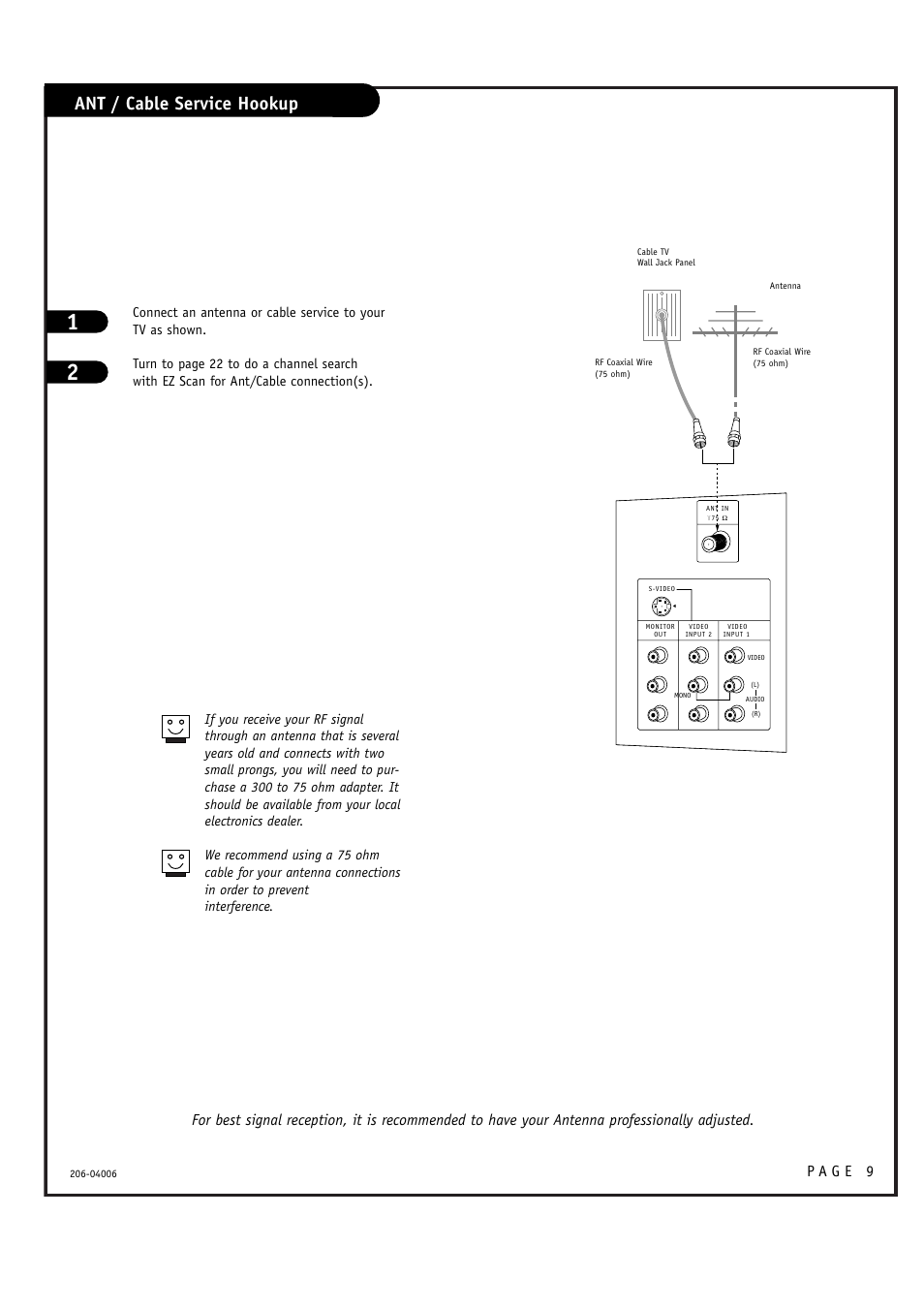 Ant / cable service hookup | Zenith M52W56LCD User Manual | Page 9 / 60