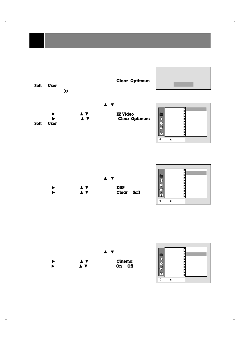 Picture setup, Ez video setup, Drp (digital reality picture) | Cinema mode setup, Ez video set up using the video button, Ez video set up using the picture menu, Press the video button repeatedly to select, Press the enter ( ) button to return to tv viewing, Press the menu button and then use, Button to select the picture menu. 2. press the | Zenith R40W46 User Manual | Page 17 / 40