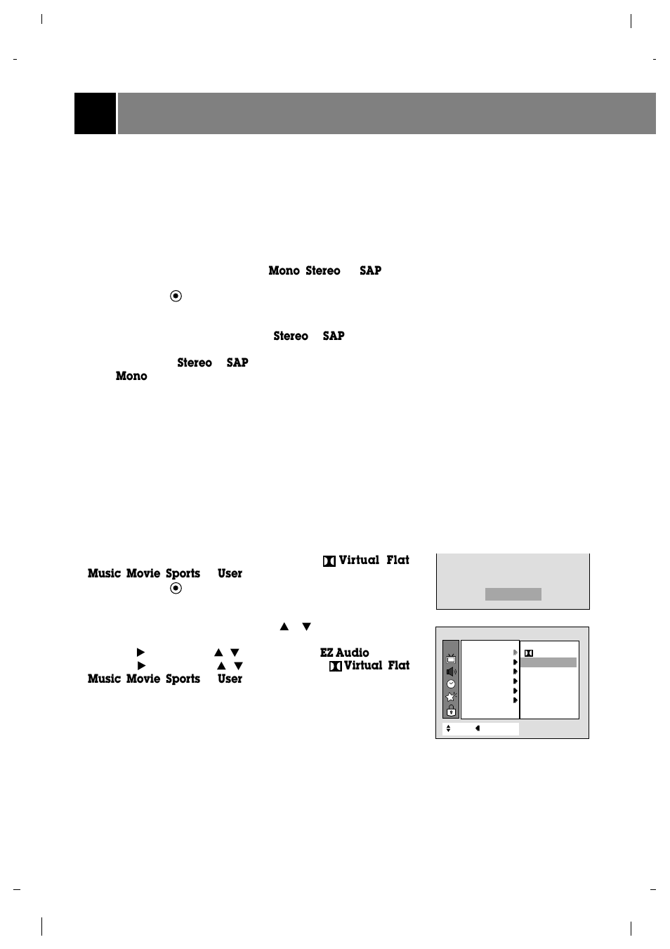 Sound setup, Stereo/sap broadcasts setup, Ez audio options | Zenith R40W46 User Manual | Page 20 / 40