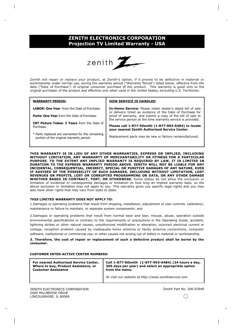 Zenith R40W46 User Manual | Page 40 / 40