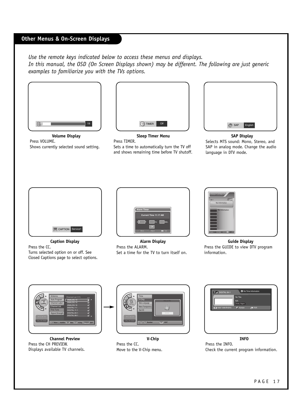 Other menus & on-screen displays, V-chip press the cc. move to the v-chip menu | Zenith L20V54S User Manual | Page 17 / 64