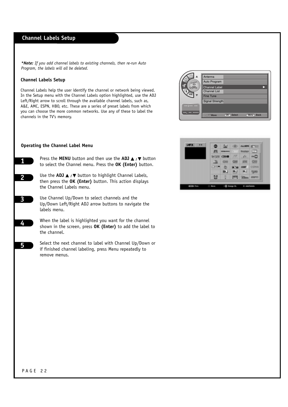 Channel labels setup | Zenith L20V54S User Manual | Page 22 / 64