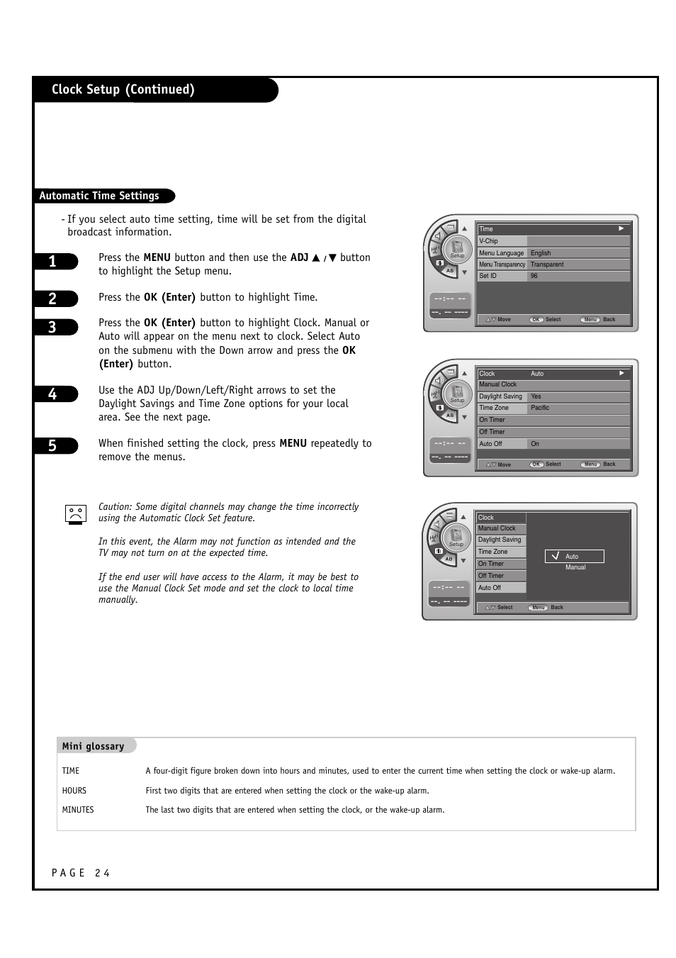 Clock setup (continued), Automatic time settings | Zenith L20V54S User Manual | Page 24 / 64