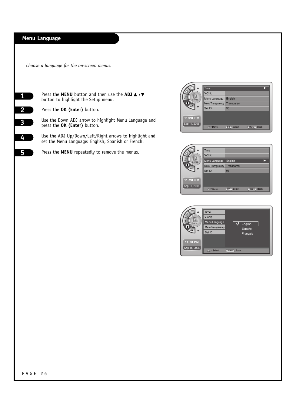 Menu language, Choose a language for the on-screen menus | Zenith L20V54S User Manual | Page 26 / 64