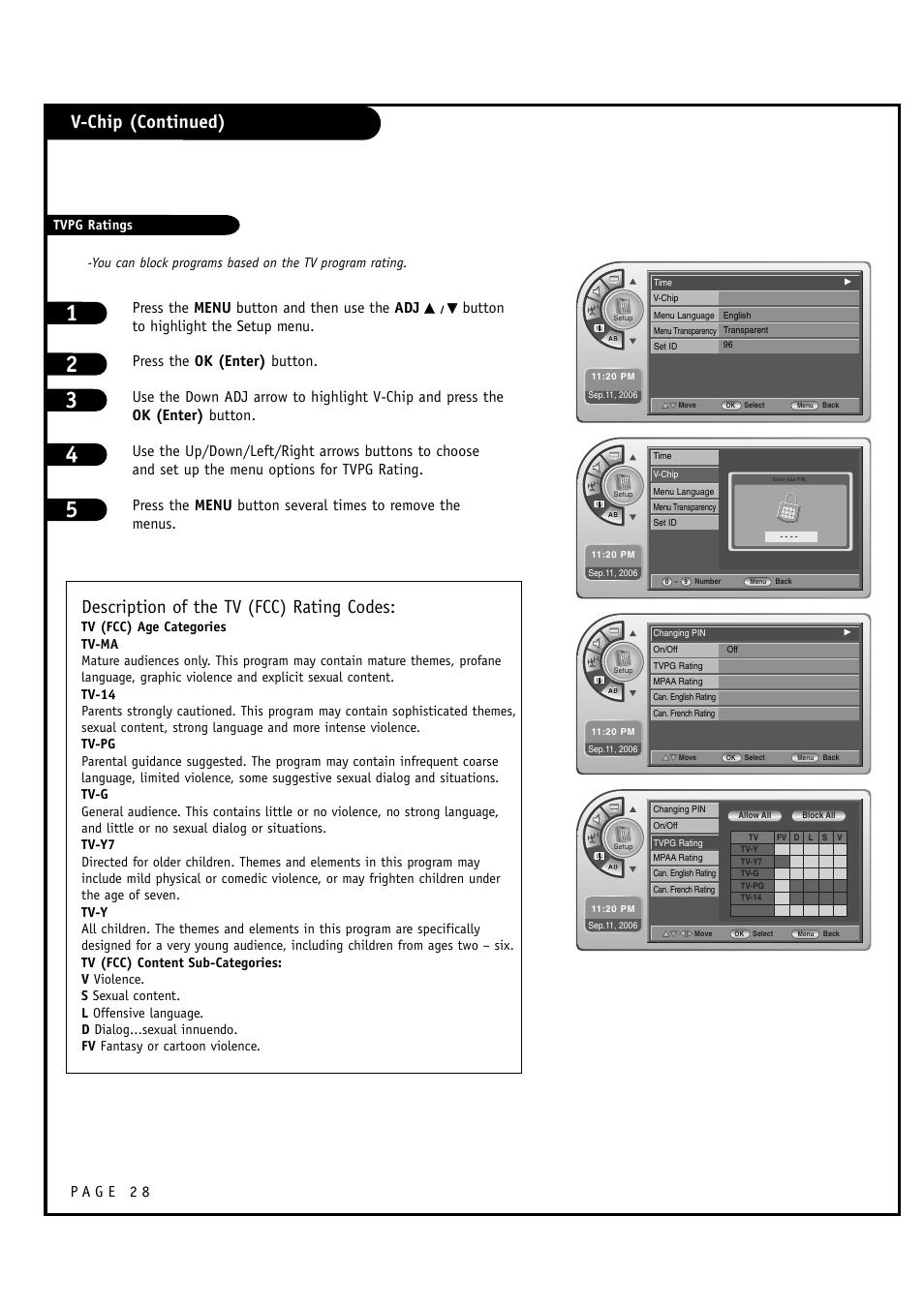 V-chip (continued), Description of the tv (fcc) rating codes | Zenith L20V54S User Manual | Page 28 / 64