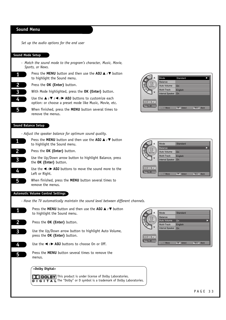 Sound menu | Zenith L20V54S User Manual | Page 33 / 64