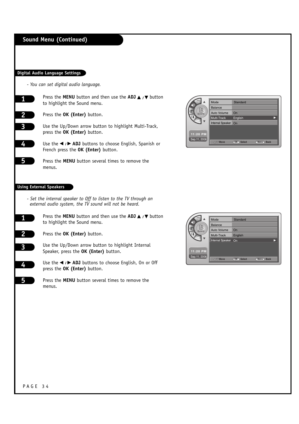 Sound menu (continued) | Zenith L20V54S User Manual | Page 34 / 64