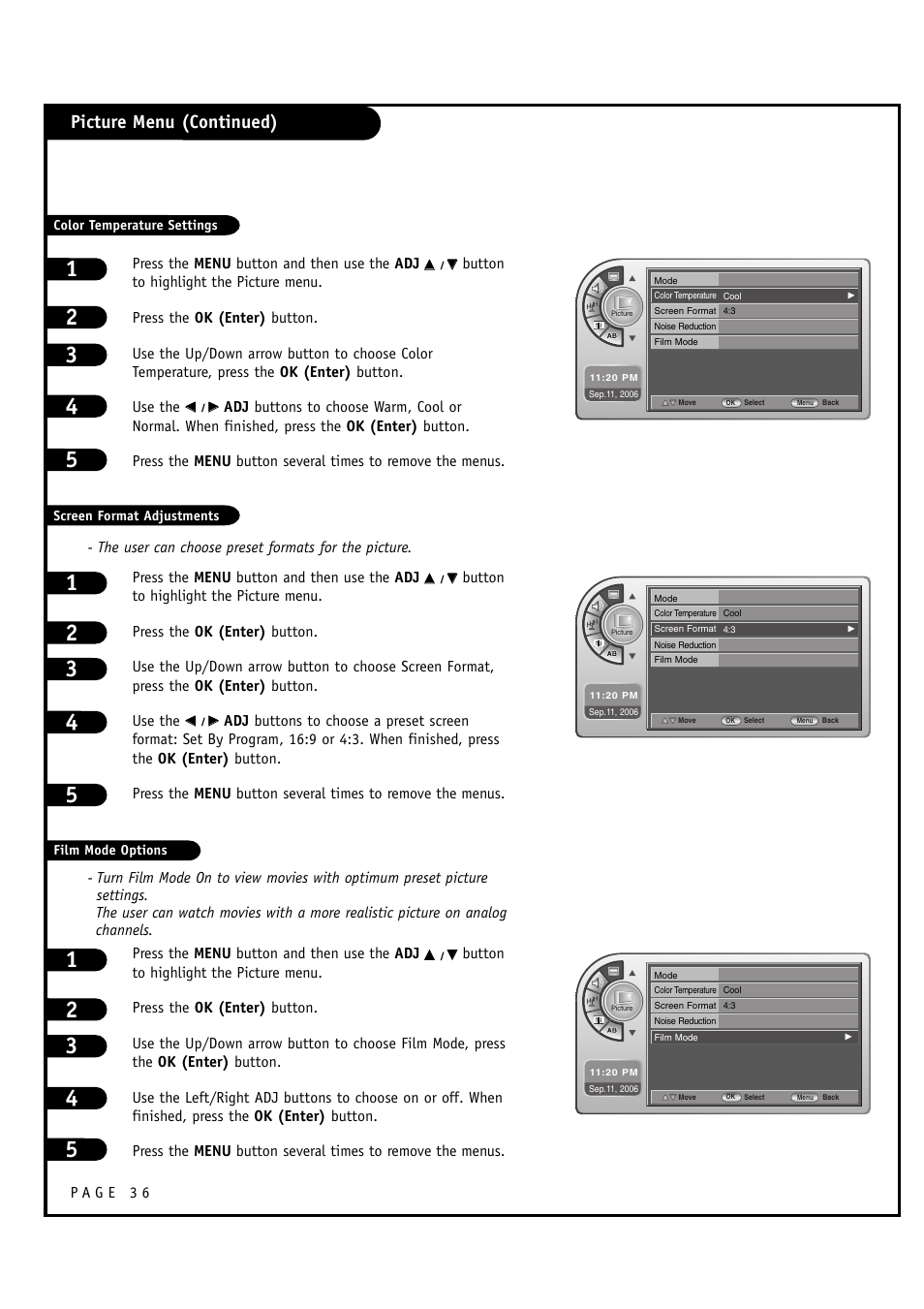 Picture menu (continued) | Zenith L20V54S User Manual | Page 36 / 64