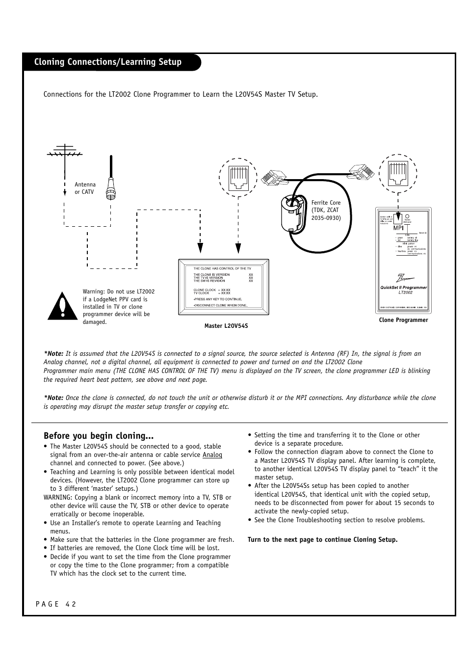 Cloning connections/learning setup, Before you begin cloning | Zenith L20V54S User Manual | Page 42 / 64