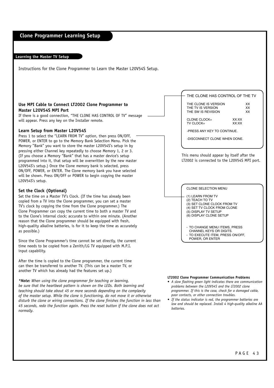 Clone programmer learning setup | Zenith L20V54S User Manual | Page 43 / 64