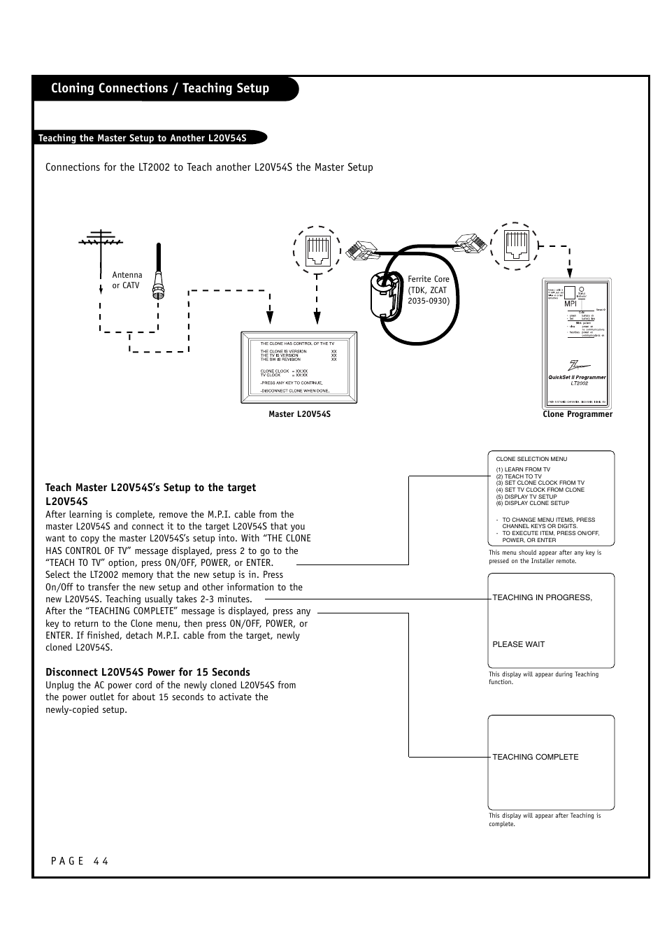 Cloning connections / teaching setup | Zenith L20V54S User Manual | Page 44 / 64