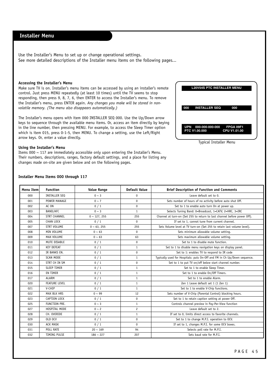 Installer menu | Zenith L20V54S User Manual | Page 45 / 64