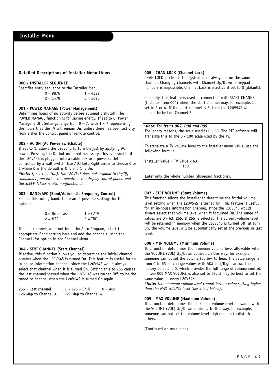 Installer menu | Zenith L20V54S User Manual | Page 47 / 64