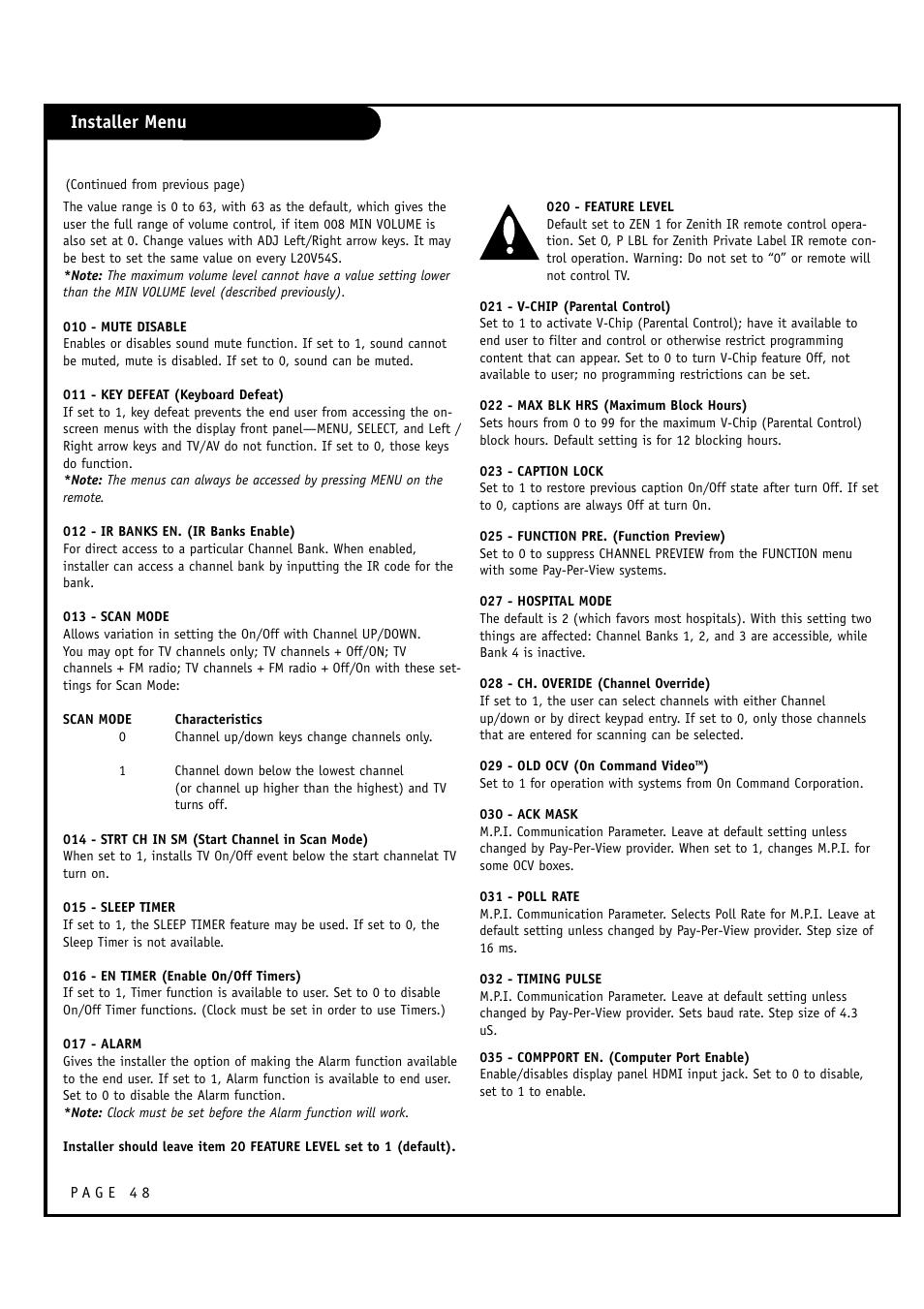 Installer menu | Zenith L20V54S User Manual | Page 48 / 64