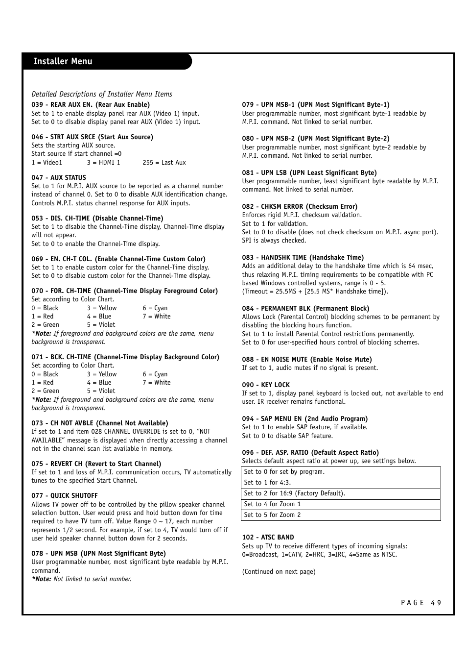 Installer menu | Zenith L20V54S User Manual | Page 49 / 64