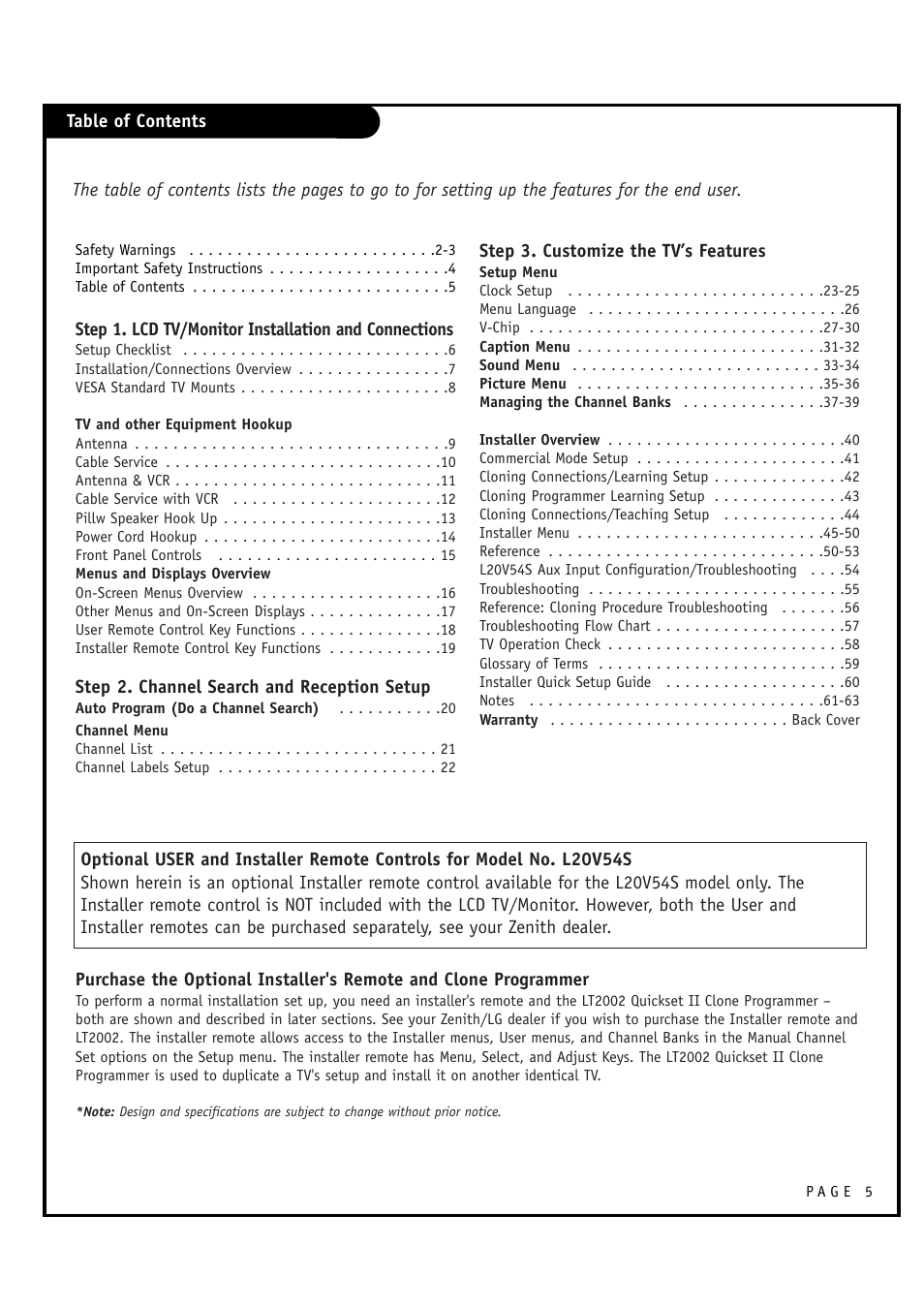 Zenith L20V54S User Manual | Page 5 / 64