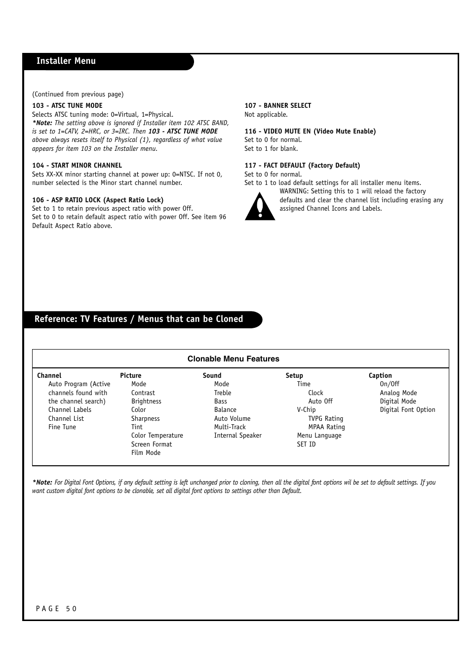 Installer menu, Reference: tv features / menus that can be cloned | Zenith L20V54S User Manual | Page 50 / 64