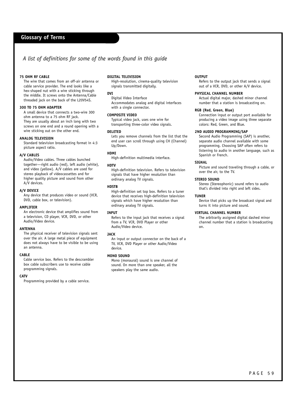 Glossary of terms | Zenith L20V54S User Manual | Page 59 / 64