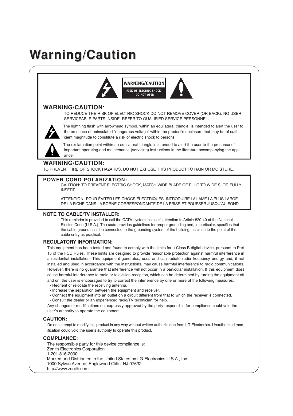 Warning/caution arning/caution | Zenith Z56DC1D User Manual | Page 2 / 52