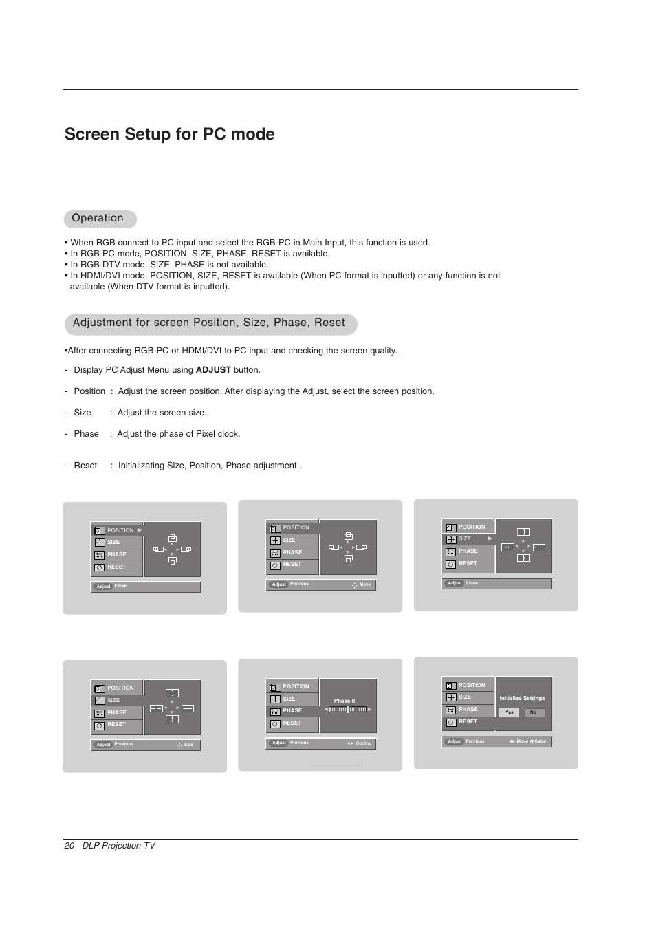 Screen setup for pc mode, Operation, 20 dlp projection tv | Zenith Z56DC1D User Manual | Page 20 / 52
