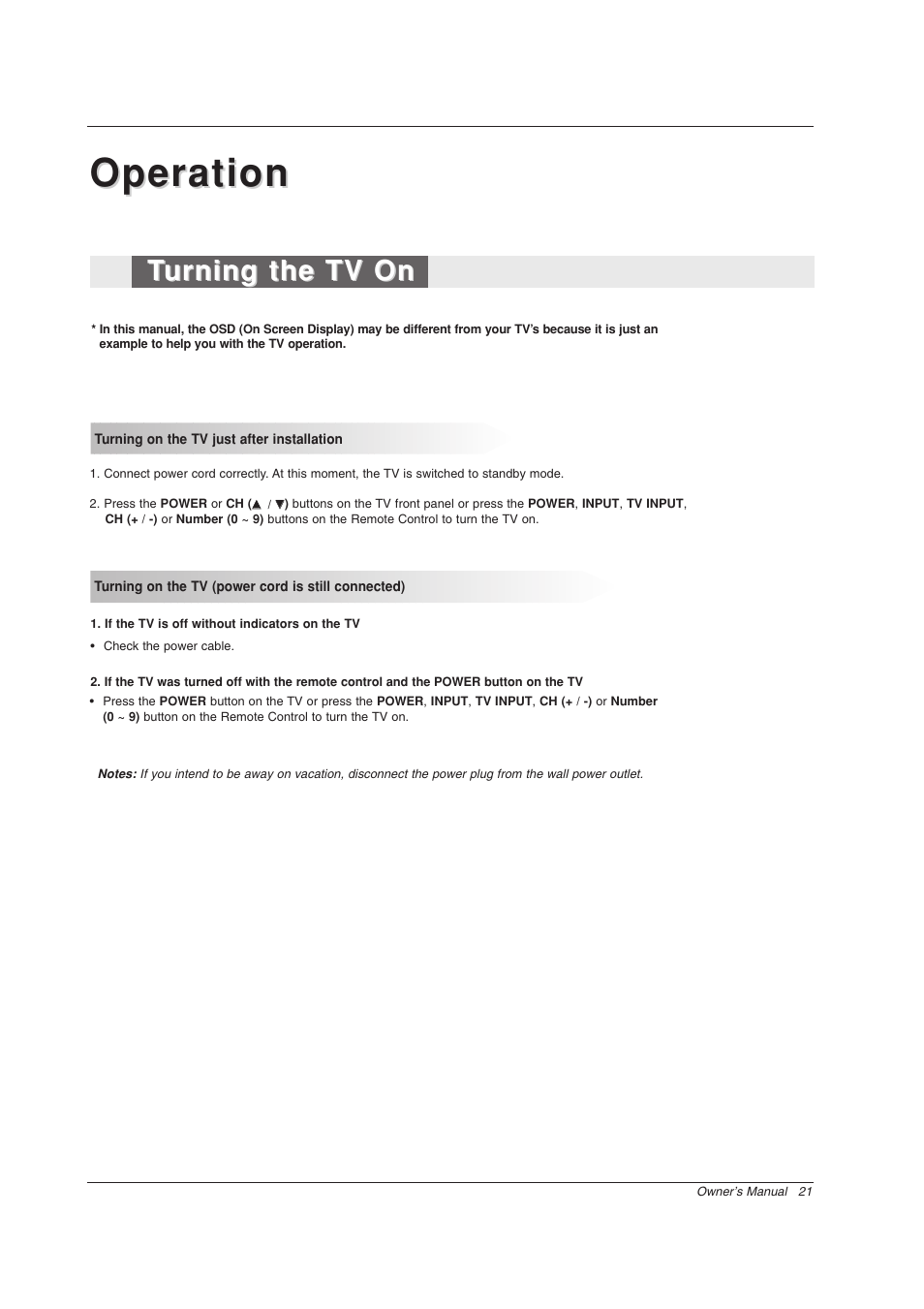 Operation, Turning the tv on urning the tv on | Zenith Z56DC1D User Manual | Page 21 / 52