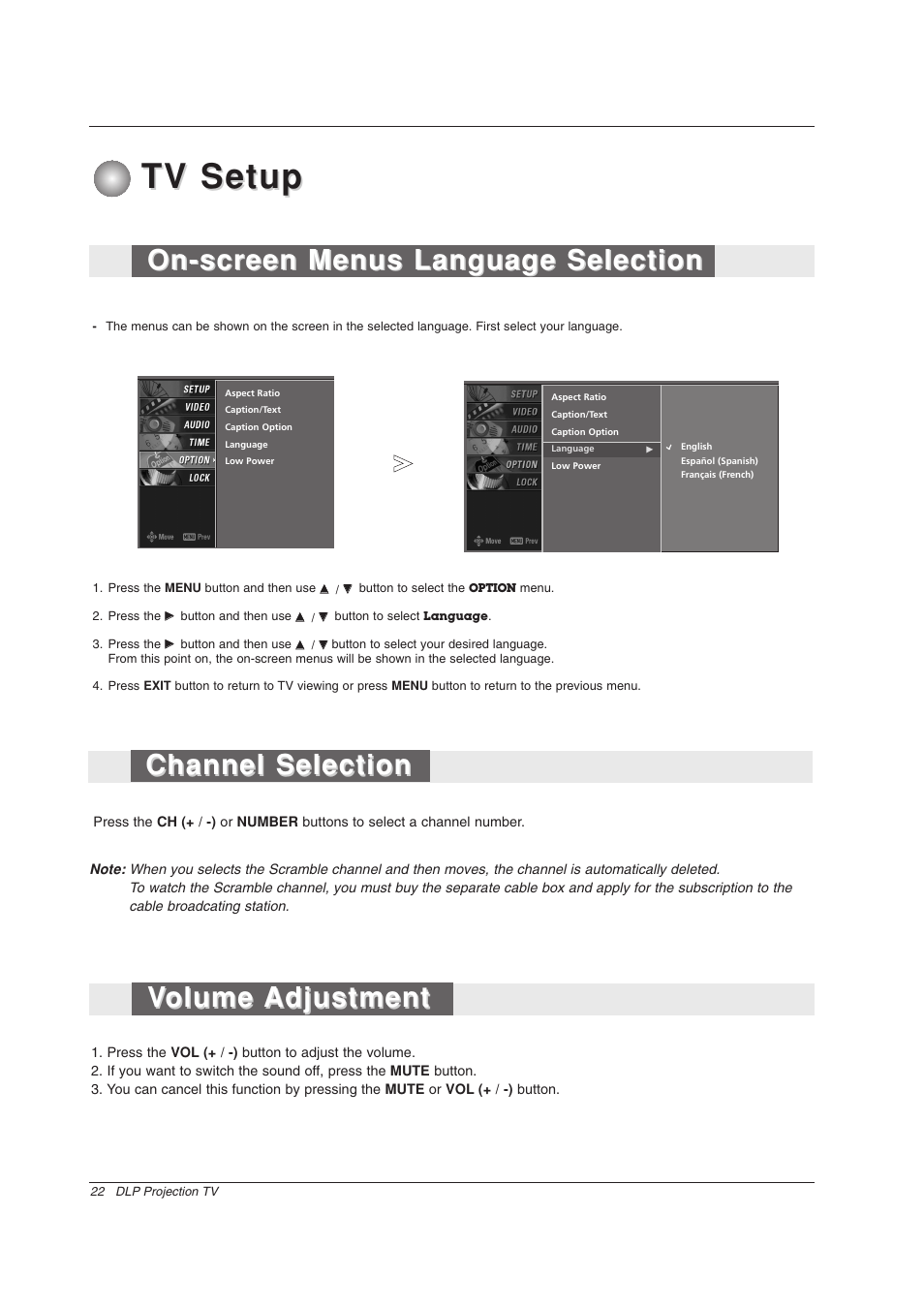 Tv setup, On-screen menus language selection, Channel selection | Volume olume adjustment adjustment | Zenith Z56DC1D User Manual | Page 22 / 52
