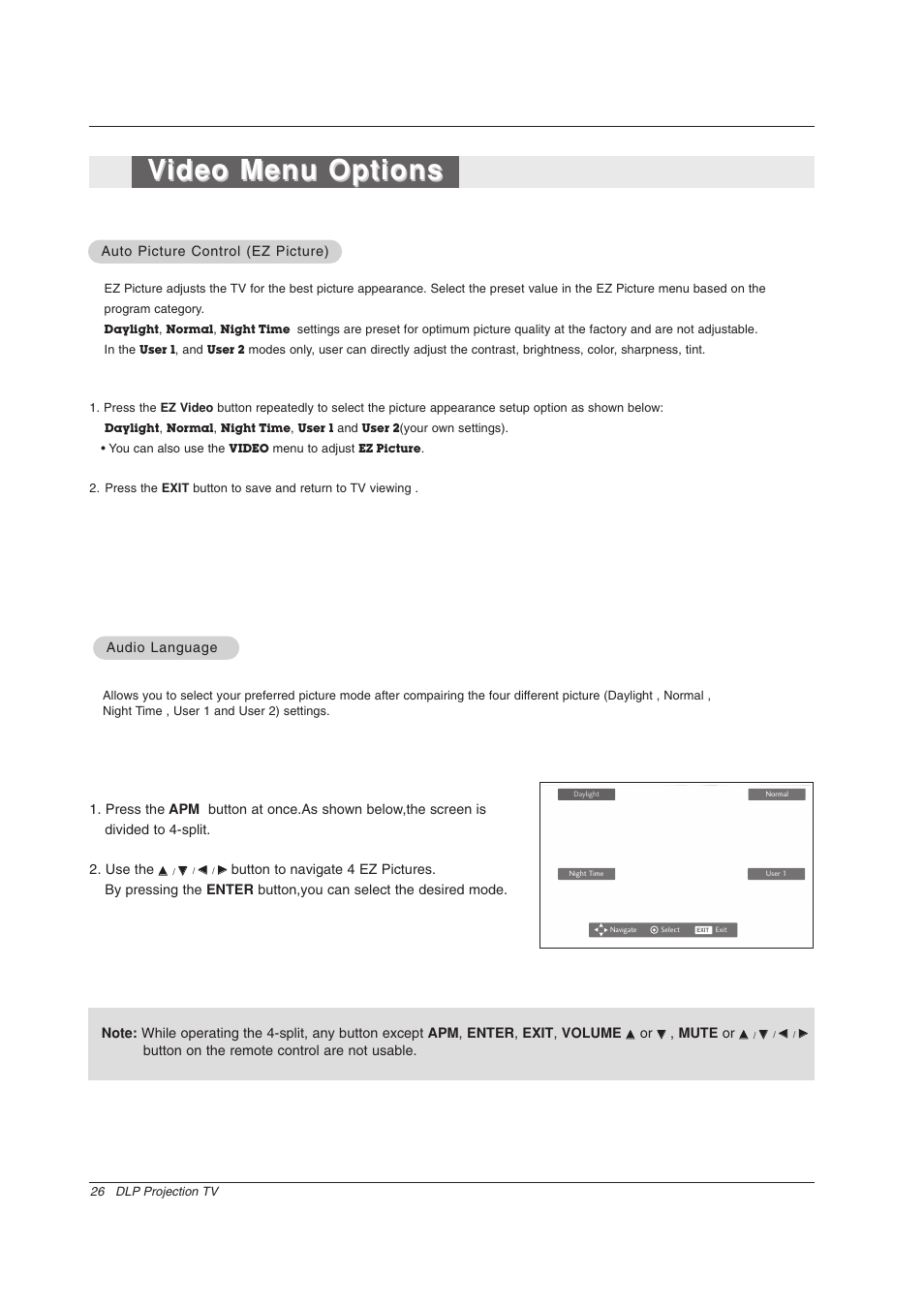 Video menu options ideo menu options | Zenith Z56DC1D User Manual | Page 26 / 52