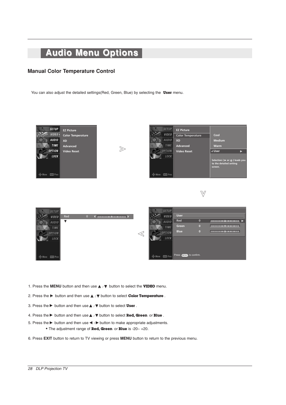 Audio menu options, Manual color temperature control | Zenith Z56DC1D User Manual | Page 28 / 52