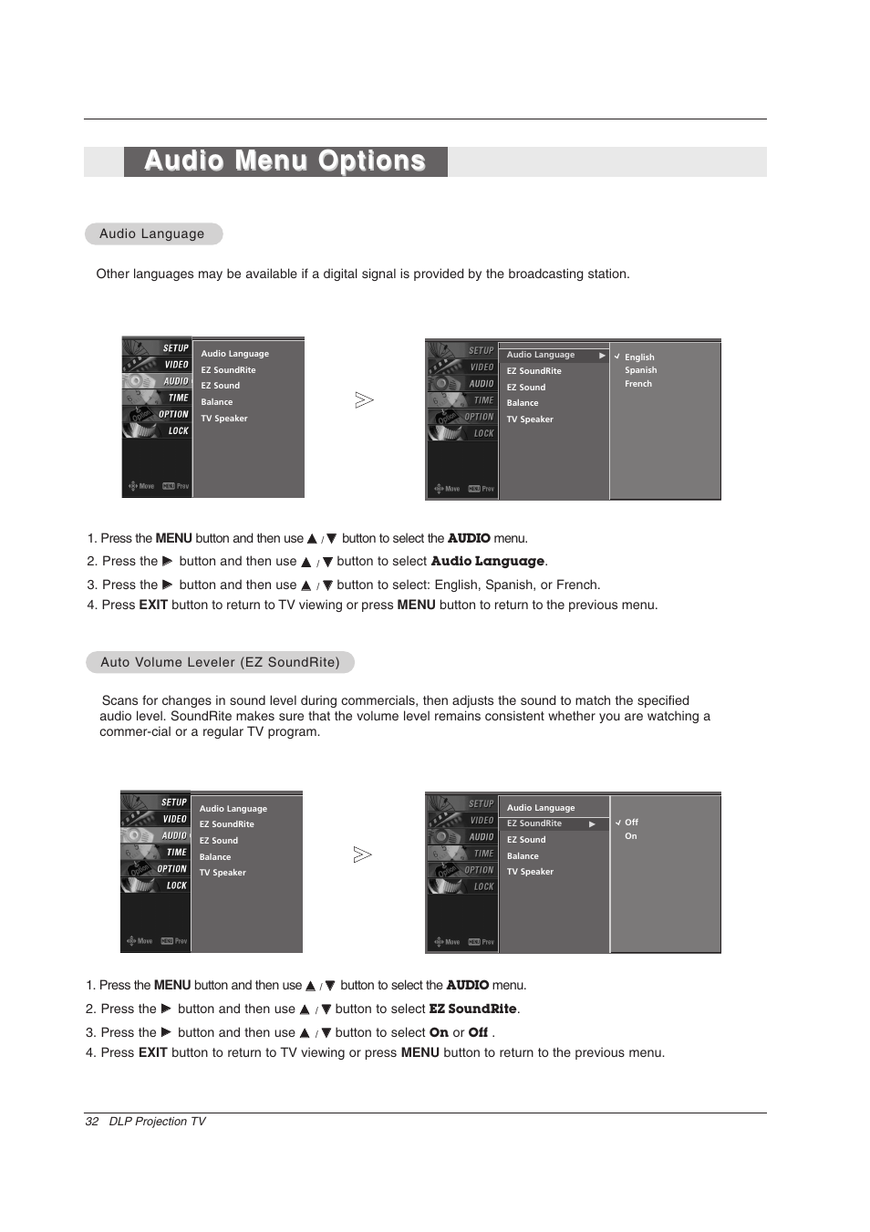 Audio menu options | Zenith Z56DC1D User Manual | Page 32 / 52