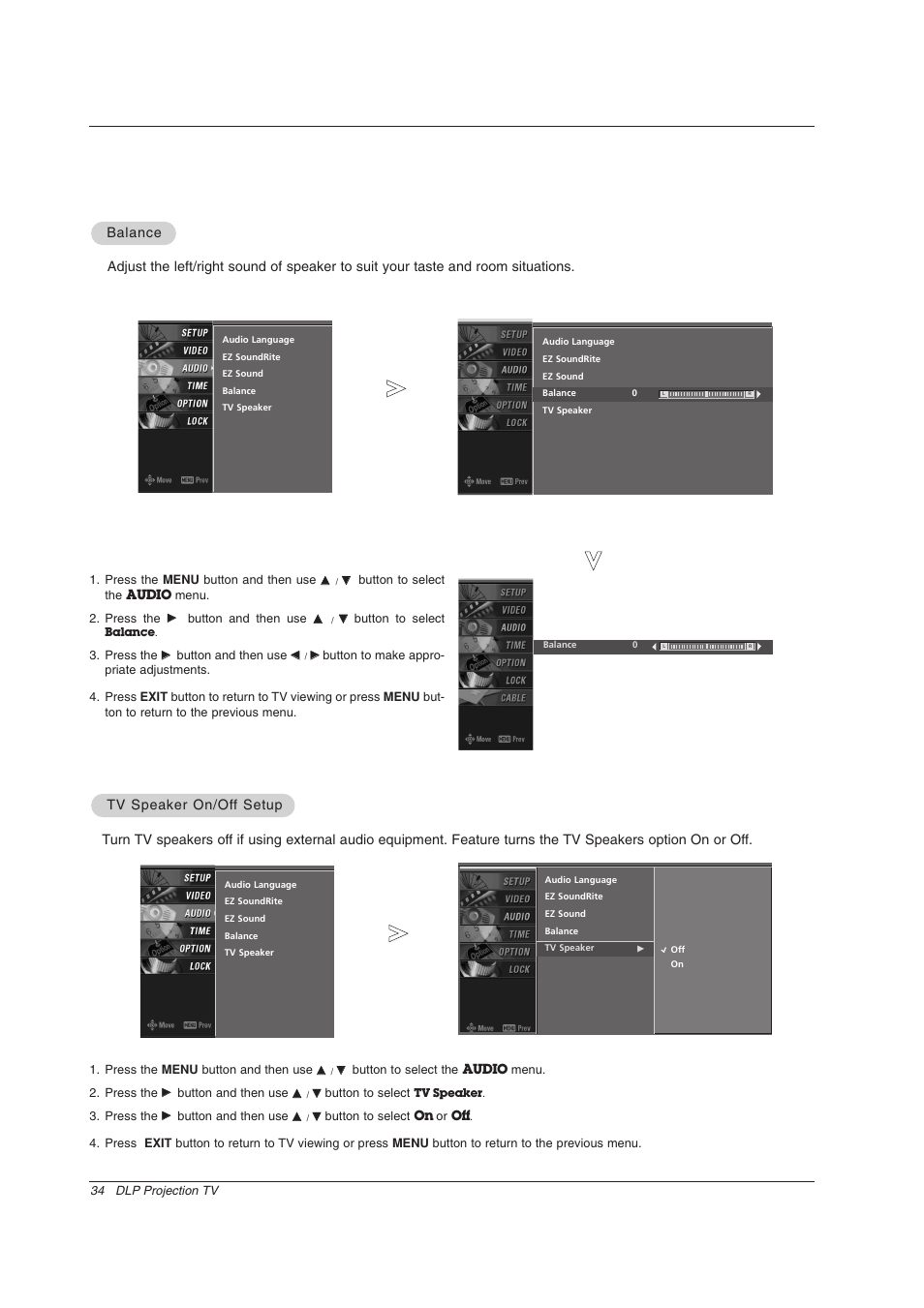 Balance, Tv speaker on/of | Zenith Z56DC1D User Manual | Page 34 / 52