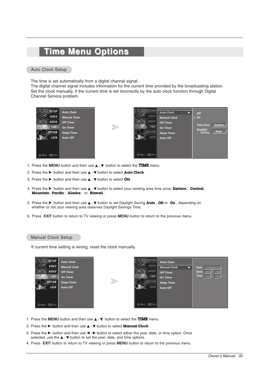 Time menu options ime menu options | Zenith Z56DC1D User Manual | Page 35 / 52