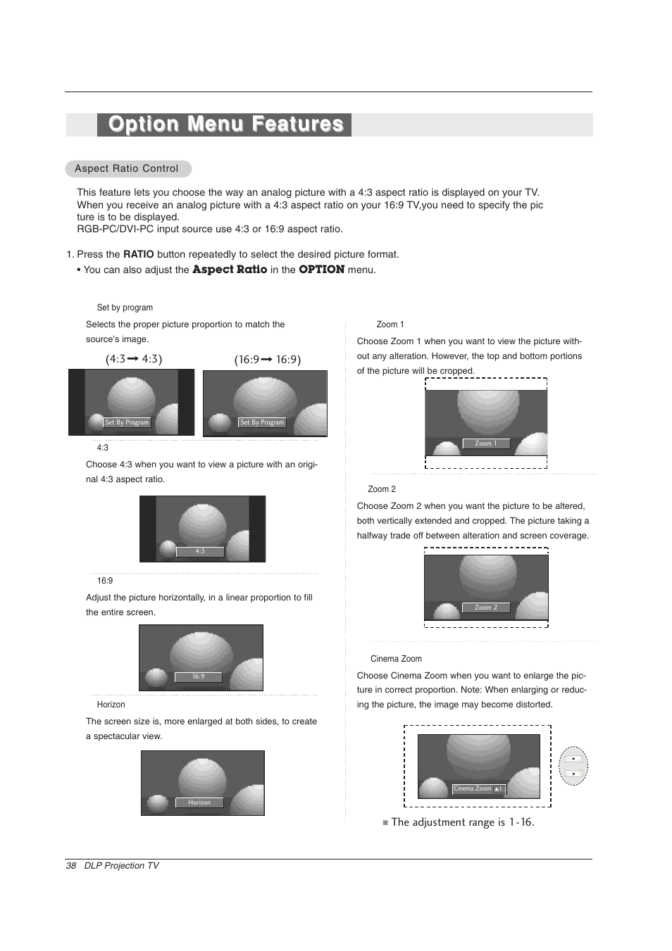 Option menu features, The adjustment range is 1-16 | Zenith Z56DC1D User Manual | Page 38 / 52