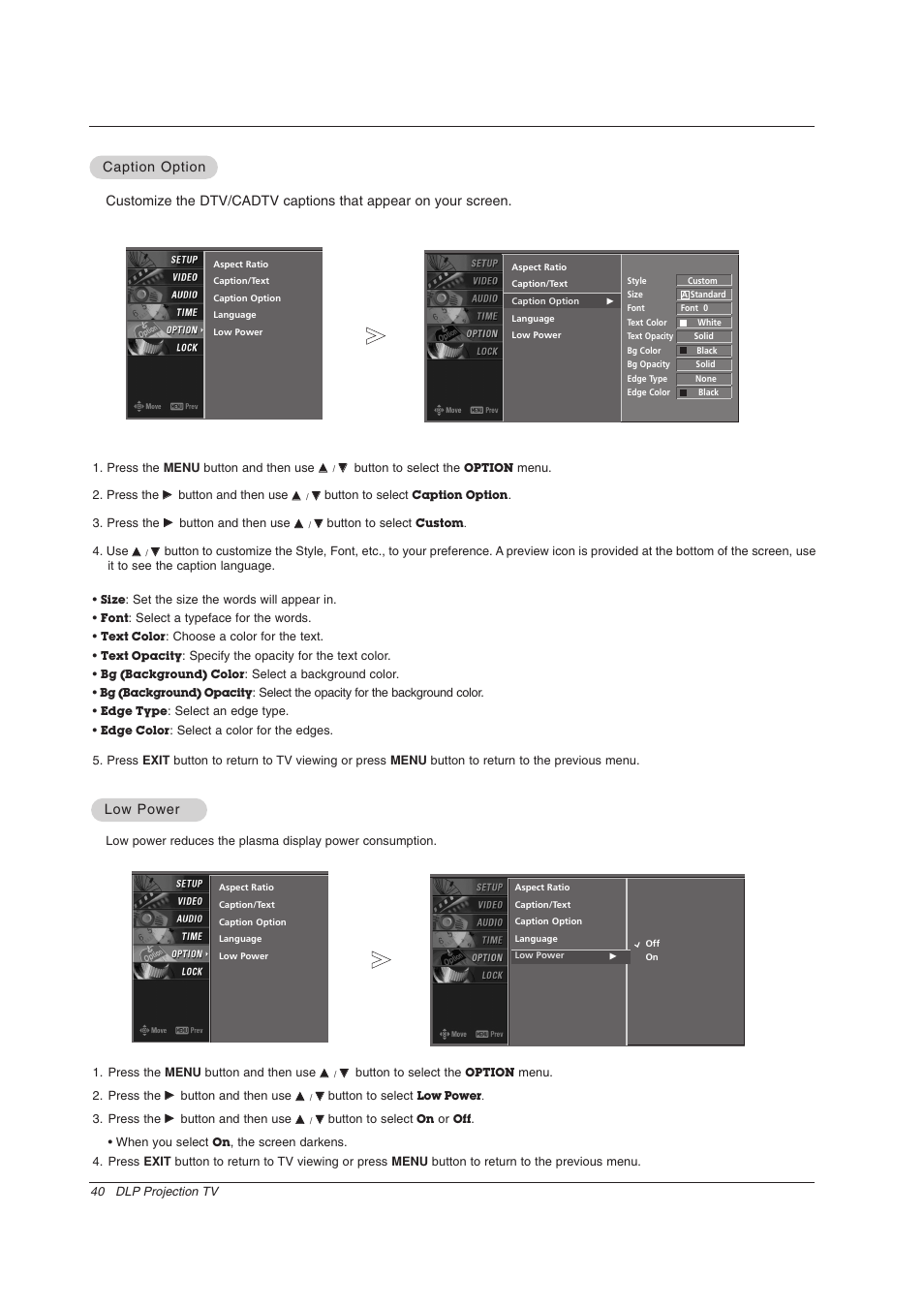 Caption option, Low power | Zenith Z56DC1D User Manual | Page 40 / 52