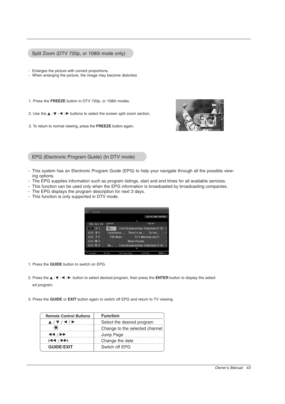 Epg (electronic program guide) (in dtv mode) | Zenith Z56DC1D User Manual | Page 43 / 52