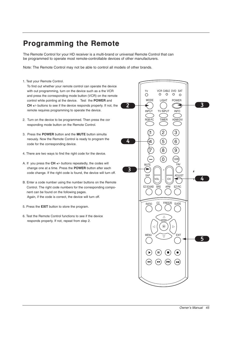 Programming the remote | Zenith Z56DC1D User Manual | Page 45 / 52