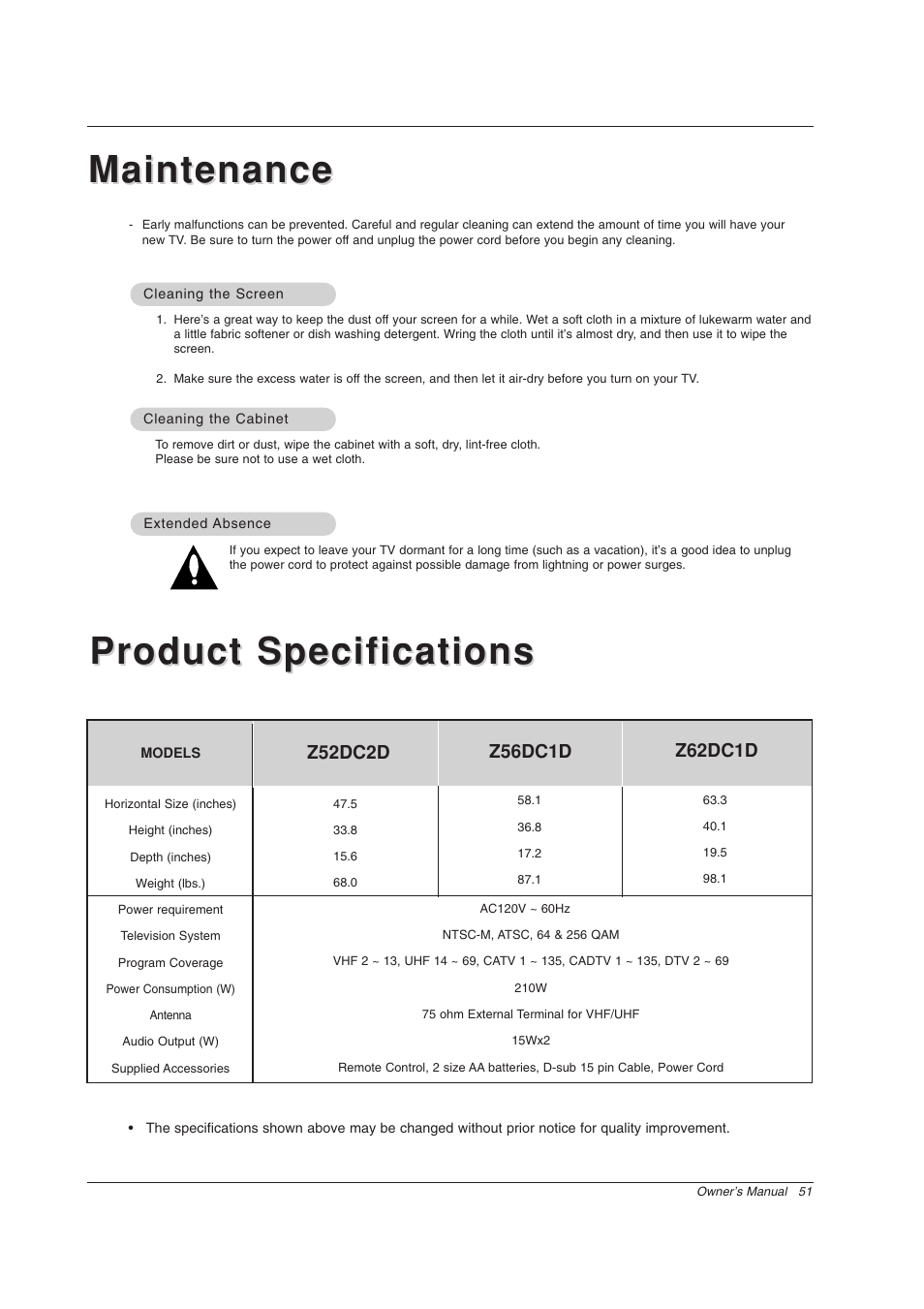 Maintenance | Zenith Z56DC1D User Manual | Page 51 / 52