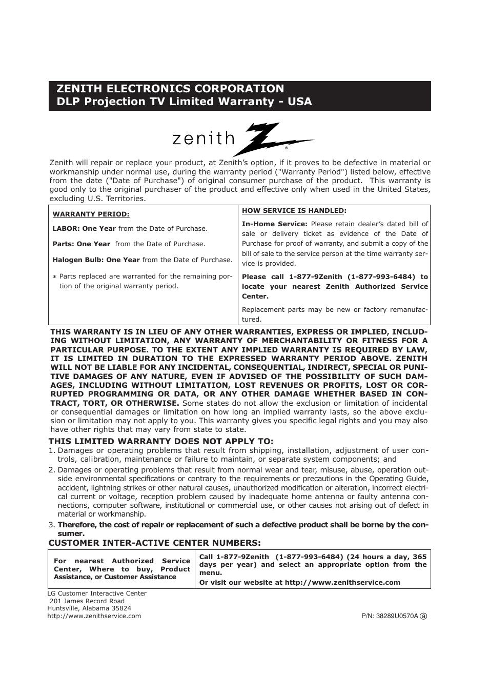 Zenith Z56DC1D User Manual | Page 52 / 52