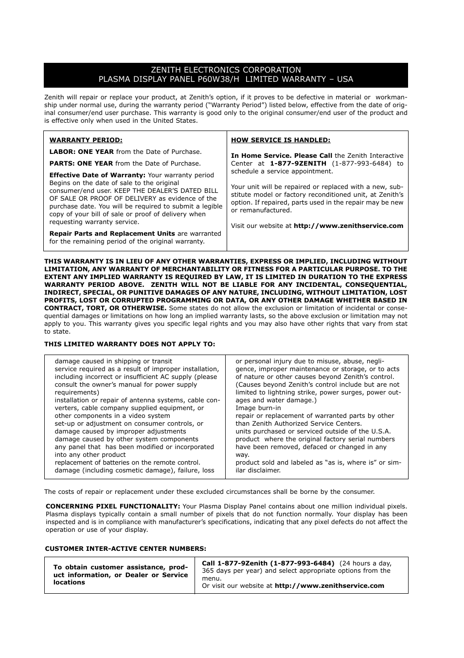 Zenith P60W38H User Manual | Page 35 / 36