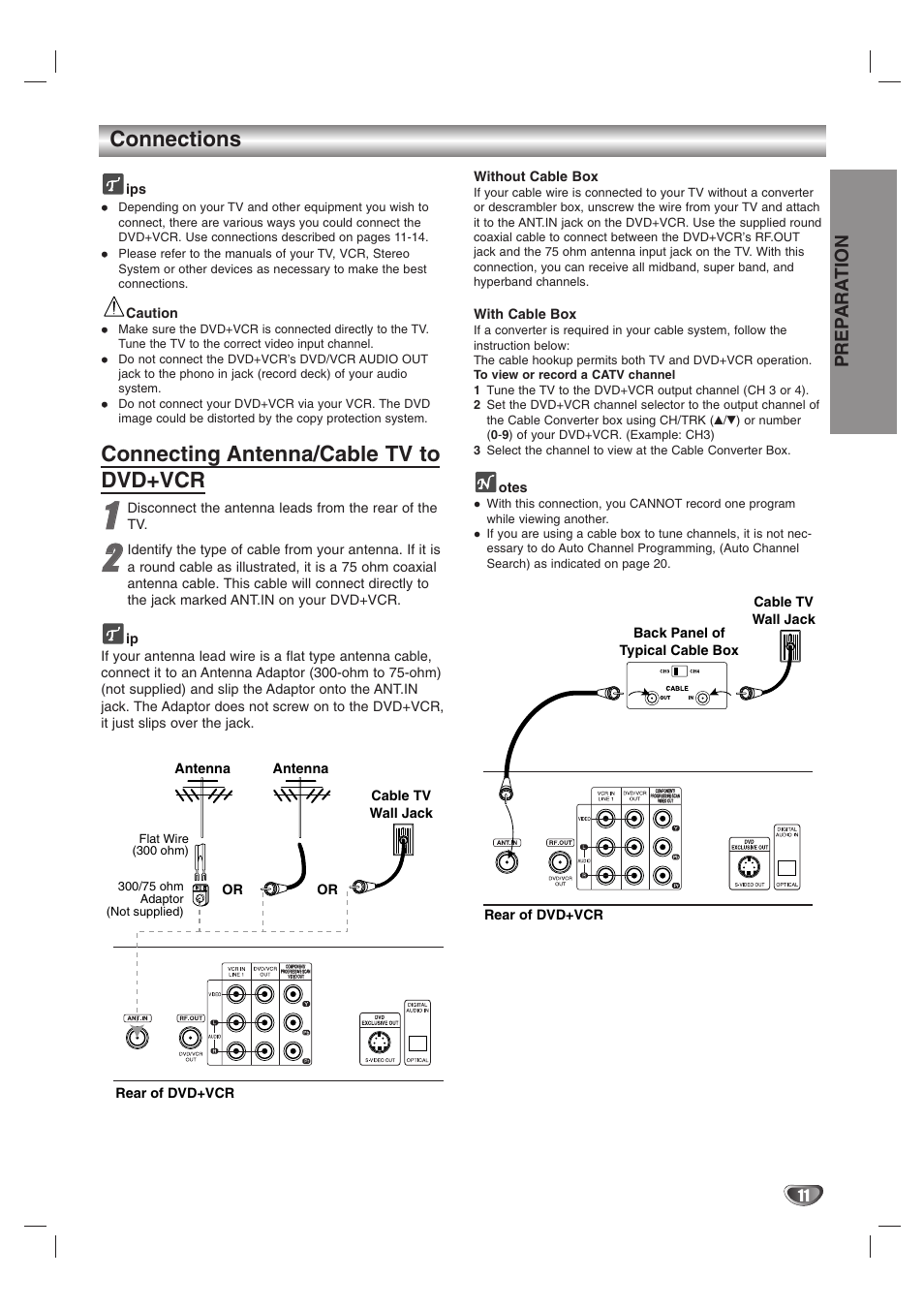 Connections, Connecting antenna/cable tv to dvd+vcr | Zenith XBS245 User Manual | Page 11 / 48